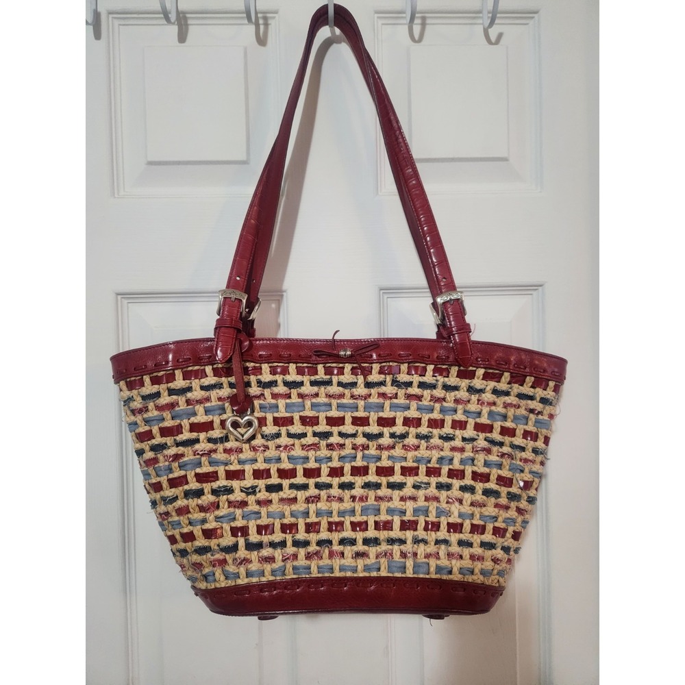 Brighton Red Blue And Natural Woven Tote Bandana Print Red Leather EUC